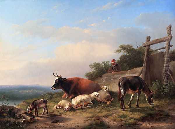 A Farmer Tending His Animals Oil Painting by Eugene Verboeckhoven