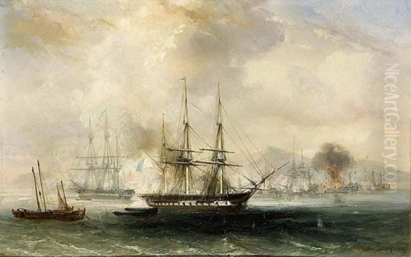 Ships At Sea Oil Painting by Lauvergne, Barthelemy