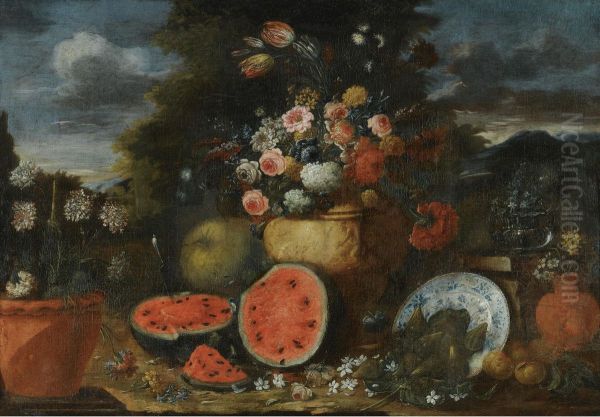 Still Life With A Large Arrangement Of Flowers In A Carved Stone Urn, With Open Watermelons, Figs And Earthenware Pots On The Garden Floor Beneath Oil Painting by Francesco Lavagna