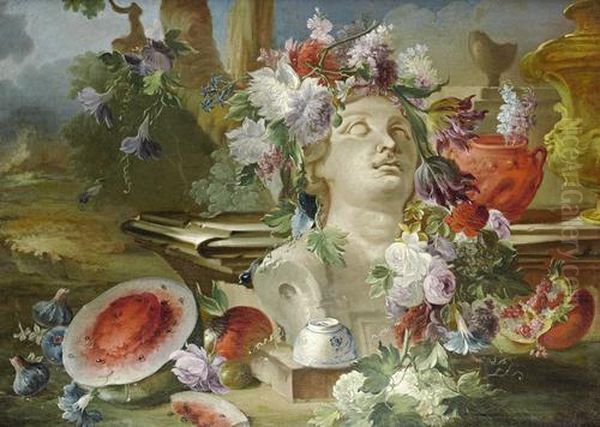 Flowers Garlanded Around A Marble Bust, With A Melon And Pomegranates In A Park Landscape Oil Painting by Francesco Lavagna