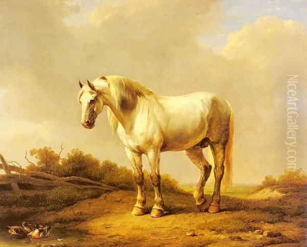 A White Stallion In A Landscape Oil Painting by Eugene Verboeckhoven