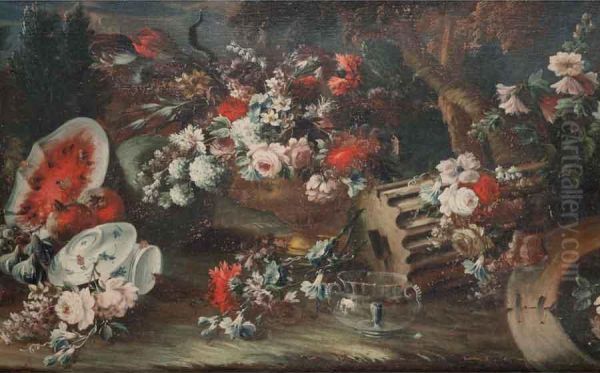 Natura Morta Con Vasi Fioriti, Frammenti Architettonici, Frutta, Pavone E Vasca Oil Painting by Francesco Lavagna