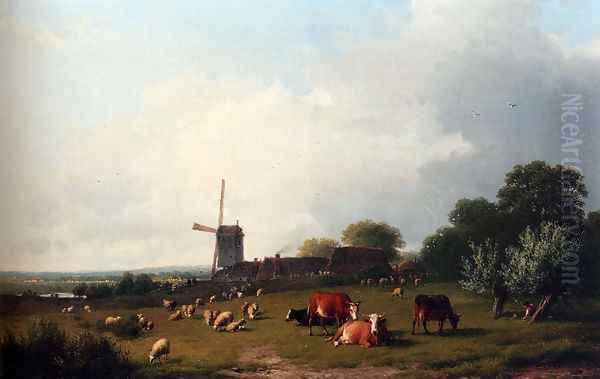 A Panoramic Summer Landscape With Cattle Grazing In A Meadow By A Windmill Oil Painting by Eugene Verboeckhoven