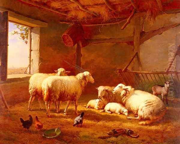 Sheep With Chickens And A Goat In A Barn Oil Painting by Eugene Verboeckhoven