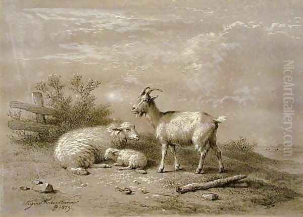 Ewe and Lamb with Goat Oil Painting by Eugene Verboeckhoven