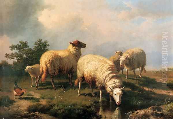 Sheep And A Chicken In A Landscape Oil Painting by Eugene Verboeckhoven