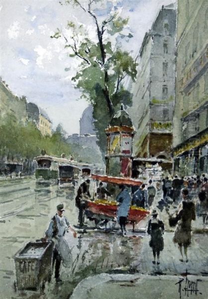 Paris Street Scene Oil Painting by Rene Leverd