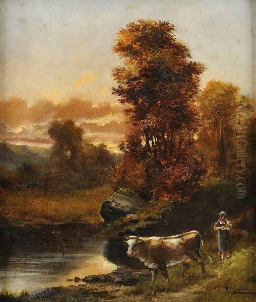 Bergere Et Sa Vache En Bord D'etang Oil Painting by Theodore Levigne