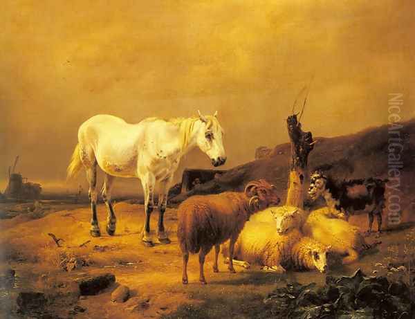 A Horse, Sheep and a Goat in a Landscape Oil Painting by Eugene Verboeckhoven