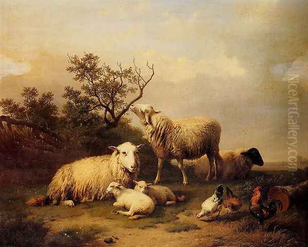 Sheep With Resting Lambs And Poultry In A Landscape Oil Painting by Eugene Verboeckhoven