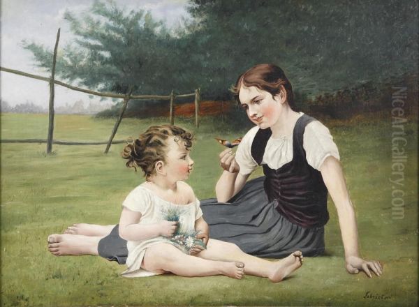 Jeune Mere Au Papilllon Et Son Enfant Oil Painting by Timoleon Marie Lobrichon