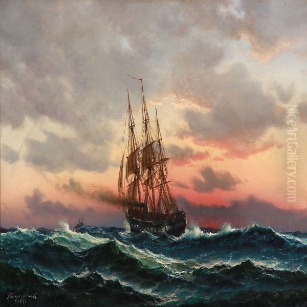 The Danish Frigate Jylland In Tall Waves At Sunset Oil Painting by Holger Peter Svane Lubbers