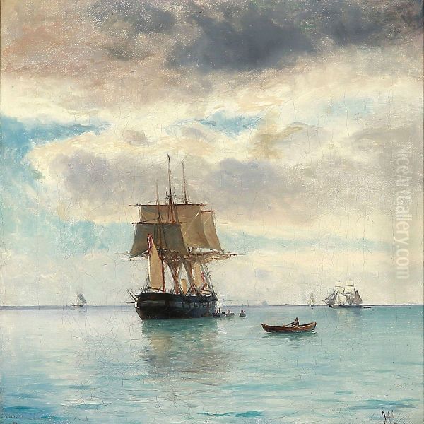 Seascape With A Bark On Calm Sea Oil Painting by Holger Peter Svane Lubbers