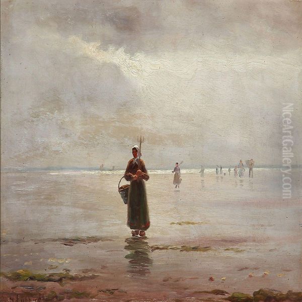 Fishermens' Wifes On A Beach In Brittany, France Oil Painting by Holger Peter Svane Lubbers