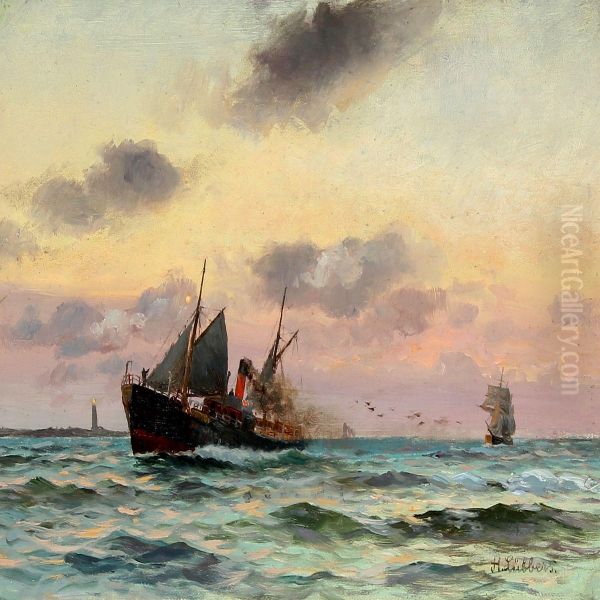 Evening Scenery With Steamer At A Lighthouse Oil Painting by Holger Peter Svane Lubbers