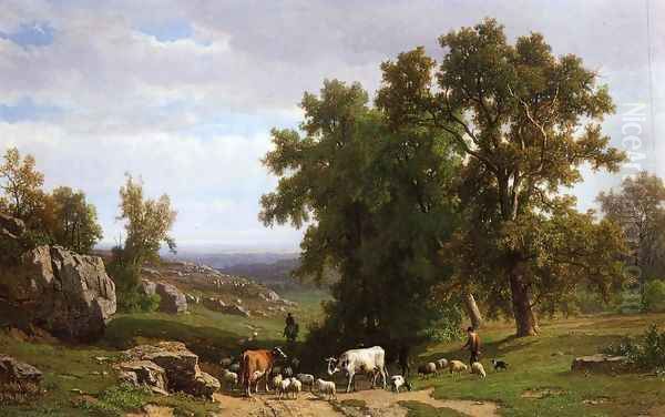 An Extensive Wooded Rocky Landscape with Shepherds and Flock, Cows and a Traveller on a Horseback Oil Painting by Eugene Verboeckhoven