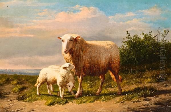 An Ewe And Two Lambs In A Landscape Oil Painting by Eugene Remy Maes