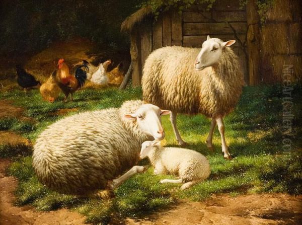 Twee Schapen Met Lammetje Op Het Boerenerf Oil Painting by Eugene Remy Maes