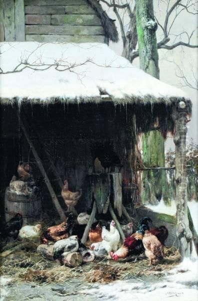 Winters Erf Met Kippen En Haan Oil Painting by Eugene Remy Maes