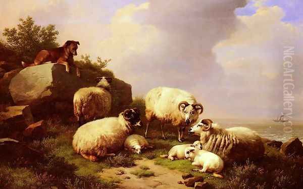 Guarding The Flock By The Coast Oil Painting by Eugene Verboeckhoven