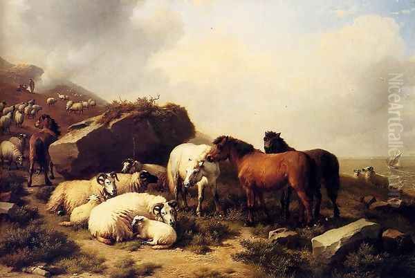 Horses And Sheep By The Coast Oil Painting by Eugene Verboeckhoven