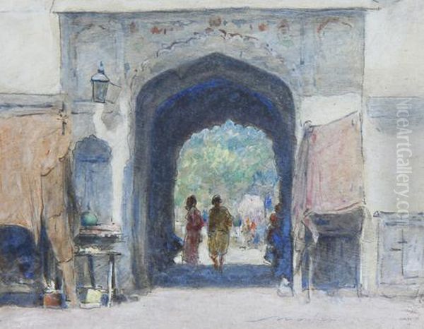 An Indian Gateway Oil Painting by Mortimer Luddington Mempes