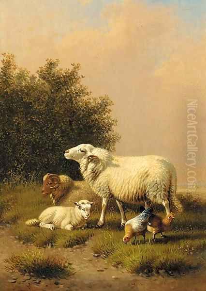 Sheep and poultry in a landscape Oil Painting by Eugene Verboeckhoven