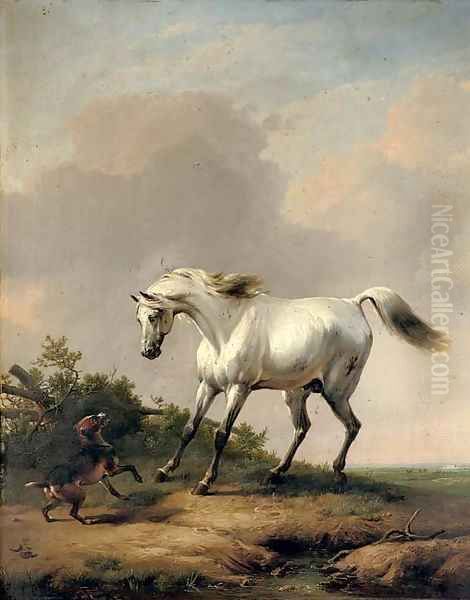 A white horse startled by a dog Oil Painting by Eugene Verboeckhoven