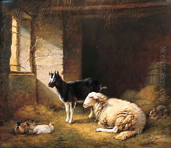 A Ewe, a Goat, a Rabbit and a Duck in a Barn Oil Painting by Eugene Verboeckhoven