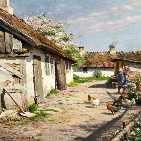 Spring Day With A Little Girl Feeding The Chickens Oil Painting by Peder Mork Monsted