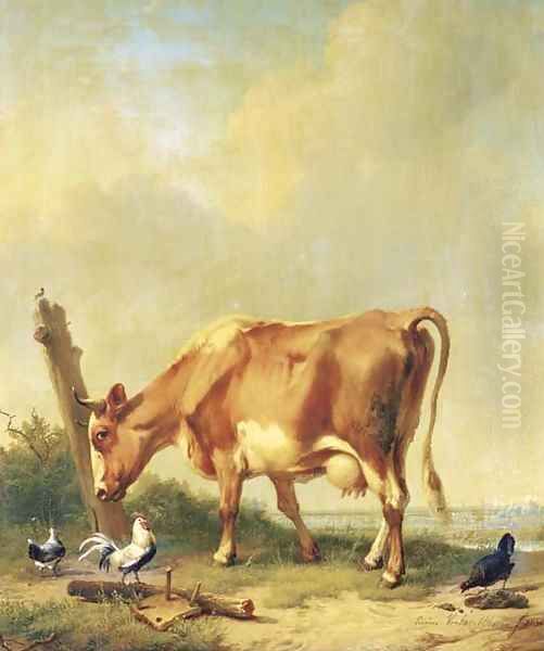 La vache rouge et blanche se frottant la tete contre un morceau de bois Oil Painting by Eugene Verboeckhoven