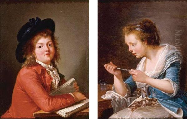 Portrait Of A Young Girl, Said To Be Jeanne; Portrait Of A Young Boy, Said To Be Philippe Oil Painting by Francois Nicolas Mouchet