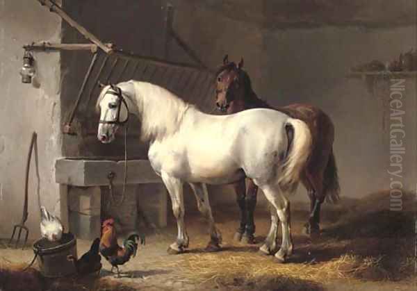 Horses and chickens in a barn interior Oil Painting by Eugene Verboeckhoven