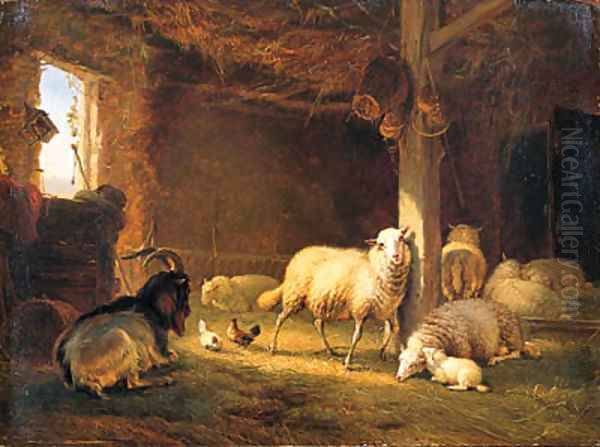 Sheep, Chicken and a Goat in a Barn Oil Painting by Eugene Verboeckhoven