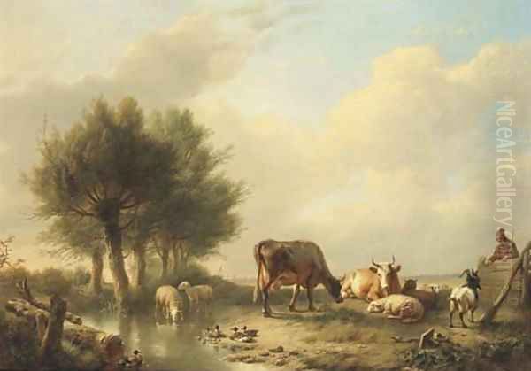 Overseeing the animals gathered by a stream Oil Painting by Eugene Verboeckhoven