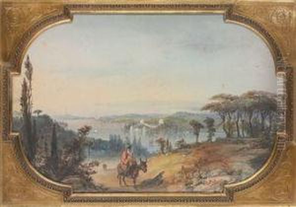 Vue Du Bosphore Avec A L'horizon Rumeli Hisari,constantinople Oil Painting by Amadeo Preziosi