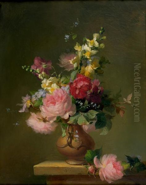 Bouquet De Roses Et Divers Fleurs Dans Un Vase Pose Sur Un Entablement Oil Painting by Francois Rivoire