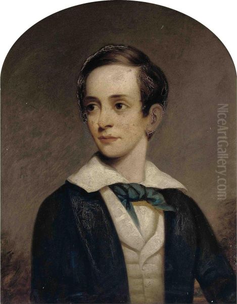 Portrait Of A Young Boy, Half-length, In A Blue Jacket With A White Waistcoat And Blue Cravat Oil Painting by James Sant