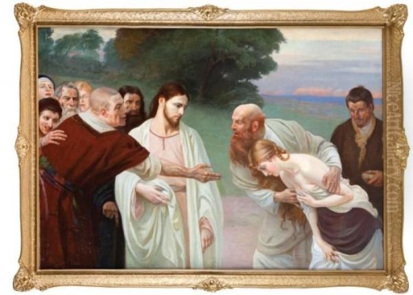 Chrystus I Jawnogrzesznica Oil Painting by Jozef Unierzyski