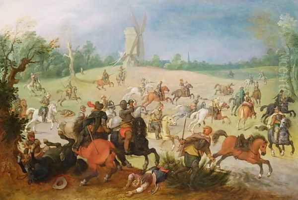 A cavalry battle in a wooded valley before a windmill Oil Painting by Sebastien Vrancx