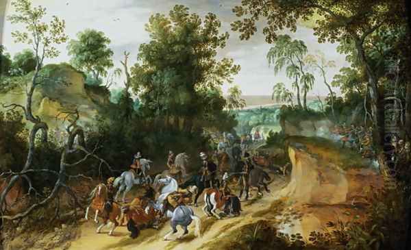 A Cavalry Column Ambushed on a Woodland path Oil Painting by Sebastien Vrancx