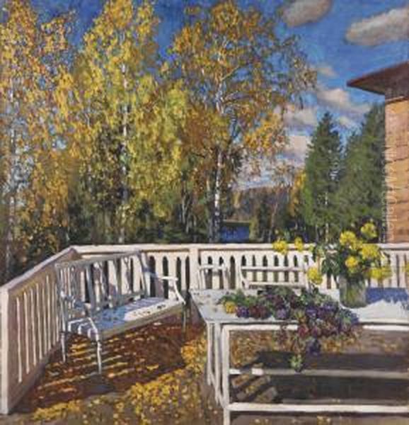 The Terrace In Autumn Oil Painting by Stanislaw Zukowski