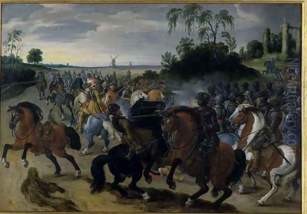 Cavalry in combat at the foot of a hill Oil Painting by Sebastien Vrancx