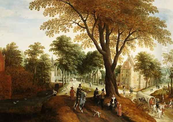 Elegant Horsemen and figures on a path in front of a chateau Oil Painting by Sebastien Vrancx