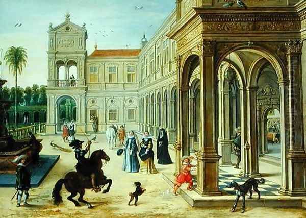 Horseman and Elegant Figures Outside a Palace Courtyard Oil Painting by Sebastien Vrancx