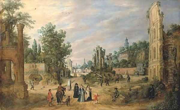 A capriccio of the Campo Vaccino, Rome, with elegant company and peasants Oil Painting by Sebastien Vrancx