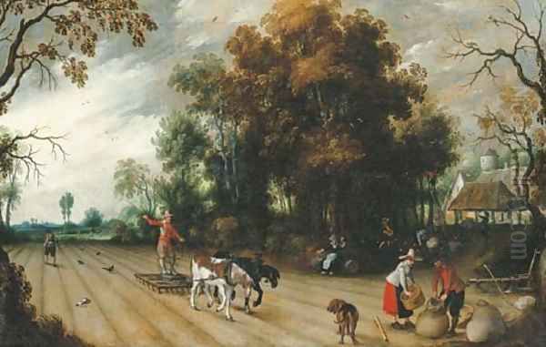 Peasants working the fields during the harvest Oil Painting by Sebastien Vrancx