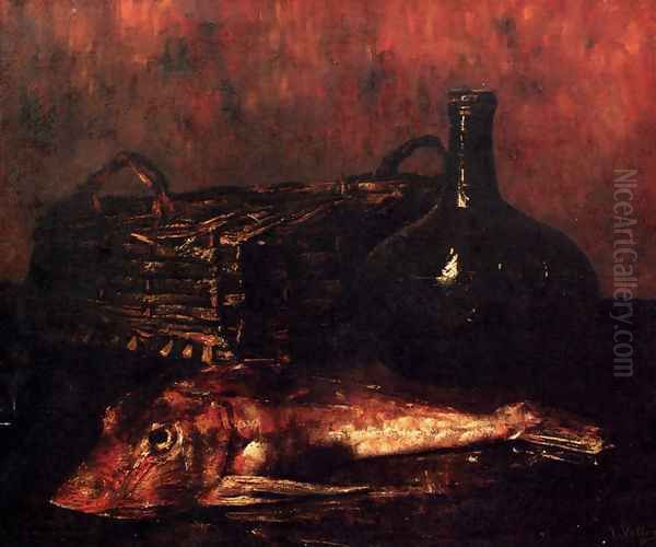 A Still Life With A Fish, A Bottle And A Wicker Basket Oil Painting by Antoine Vollon