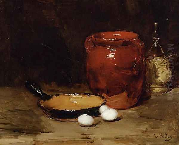 Still Life with a Pen, Jug, Bottle and Eggs on a Table Oil Painting by Antoine Vollon