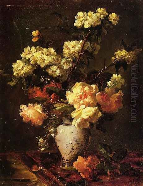 Peonies and Apple Blossoms in a Chinese Vase Oil Painting by Antoine Vollon